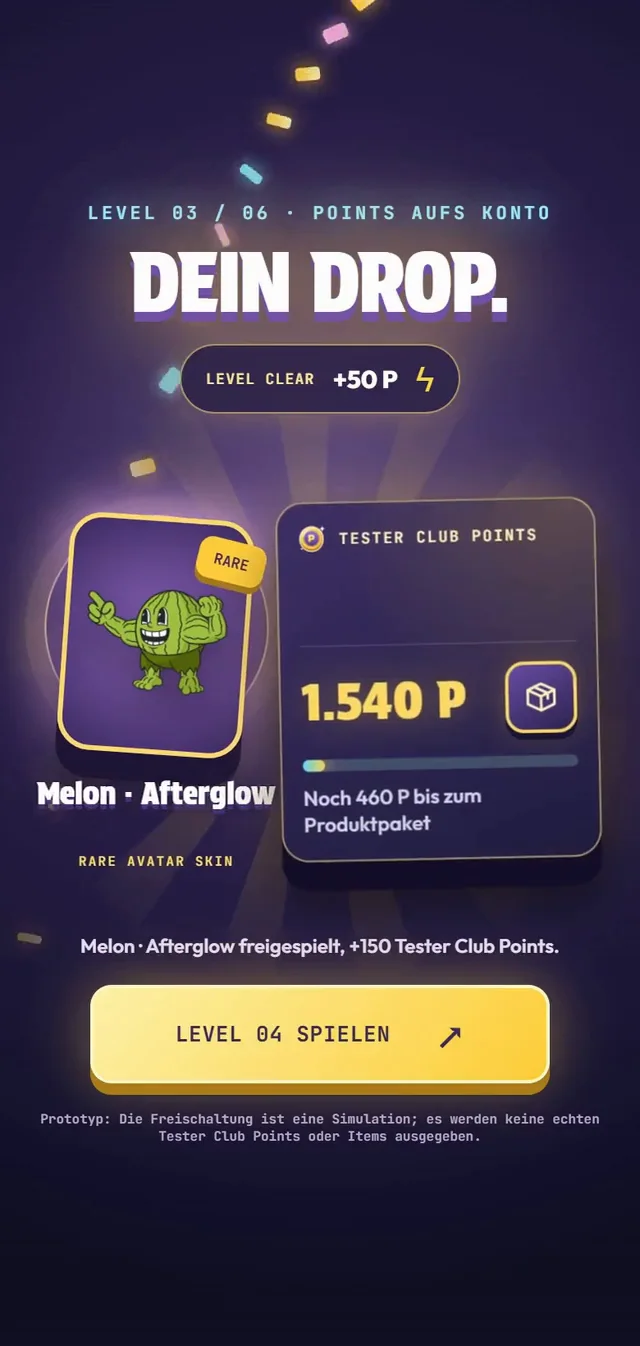 Frugends Business auf dem Telefon: Quest-Belohnung Dein Drop mit 1.540 Tester Club Points