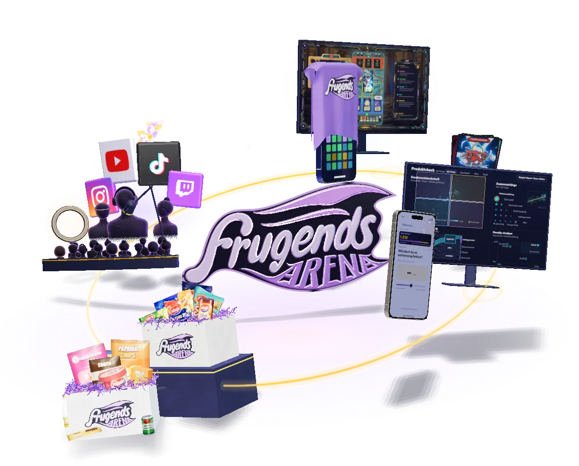 Das 3D-Rondell aus dem Hero von Frugends Business: das Frugends-Arena-Logo im goldenen Ring, umgeben von Surprise Boxen, Creator-Kanälen, Turnier-Game und Survey-Auswertung